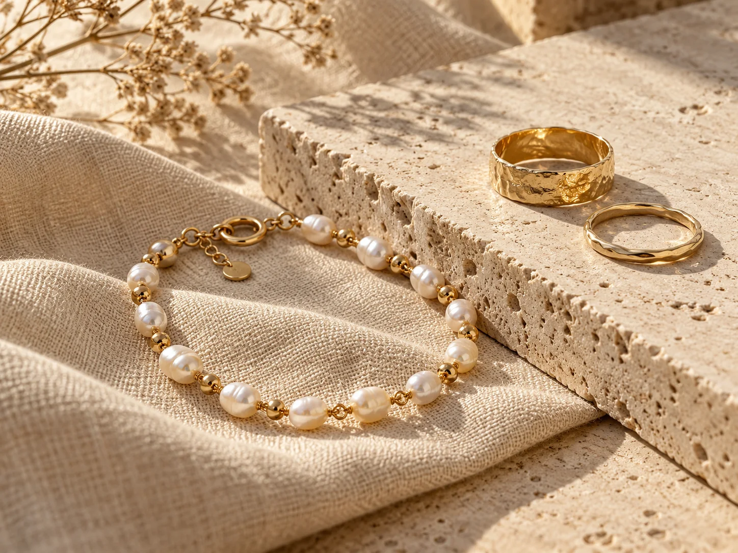 Freshwater pearl bracelet and textured gold rings on linen