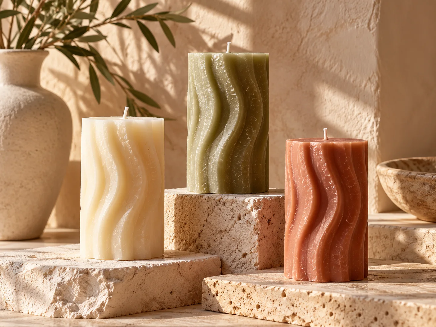 Three sculptural pillar candles in ivory, sage, and terracotta