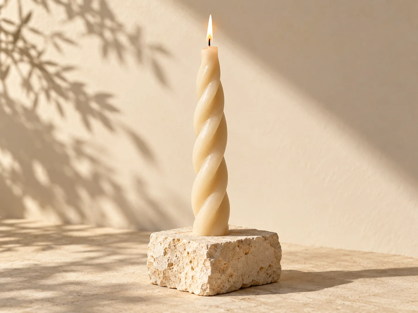 Lit twisted ivory taper candle on a limestone plinth
