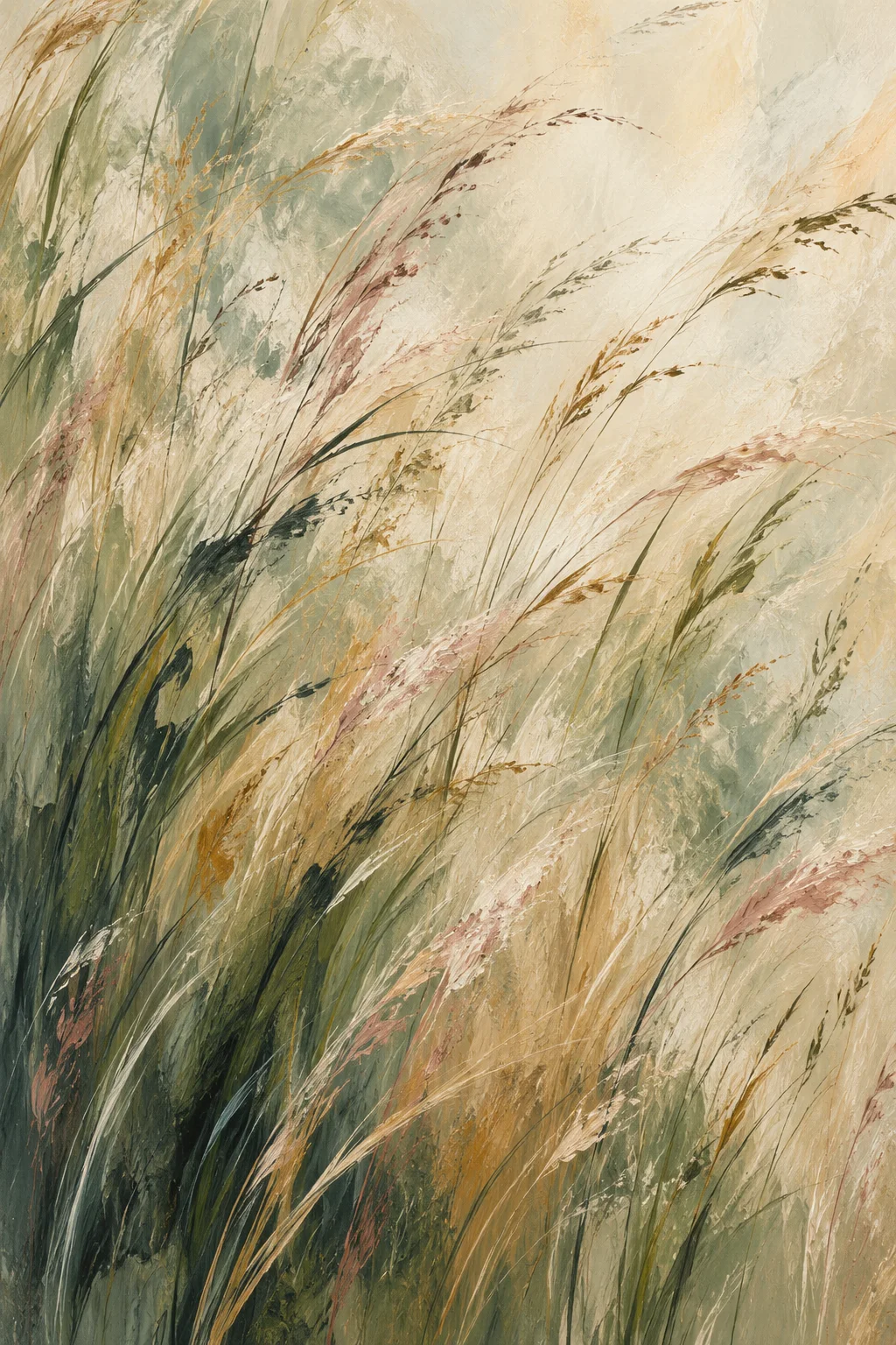 Demo abstract painting of windblown grasses in ivory, sage, ochre, and dusty rose